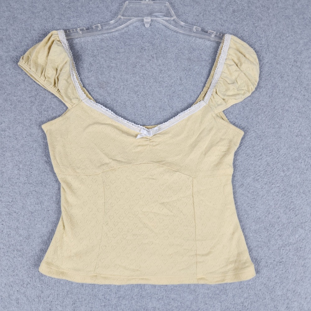 Persaya Top Womens M Yellow Pointelle Heart Lace Trim Bow Cap Sleeve‎ Coquette
